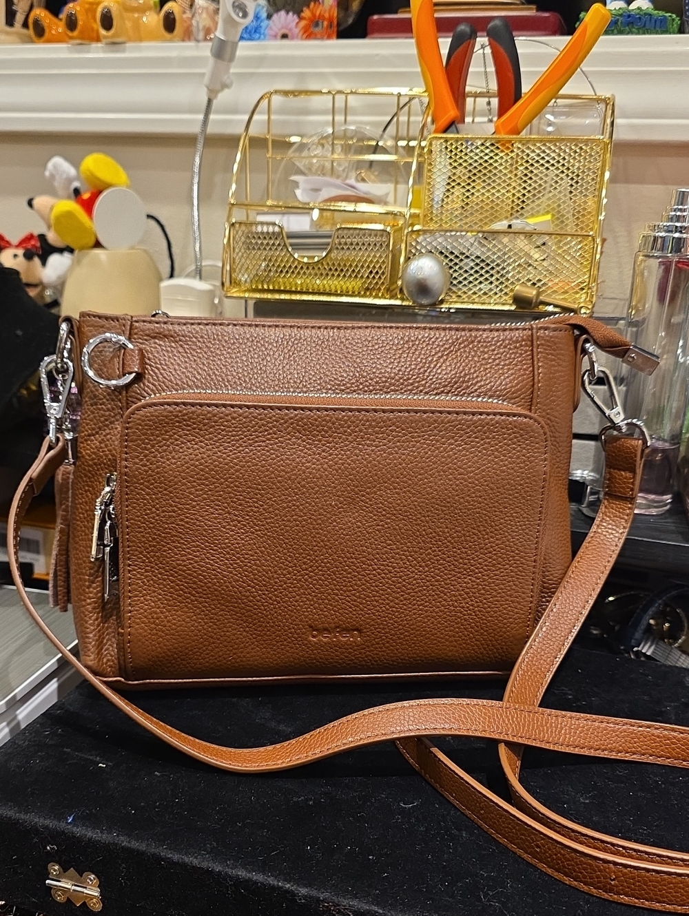 Peanut Brown Pebbled Leather Crossbody Bag with Front Zip Pocket